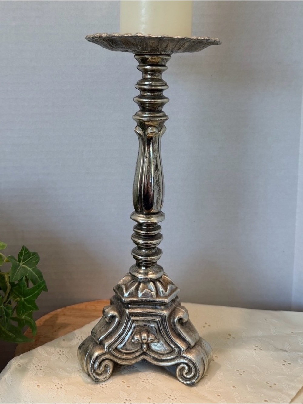 Vintage Style Ornate Metal Candlestick Holder 10.25” Baroque Silver Tone Rubel